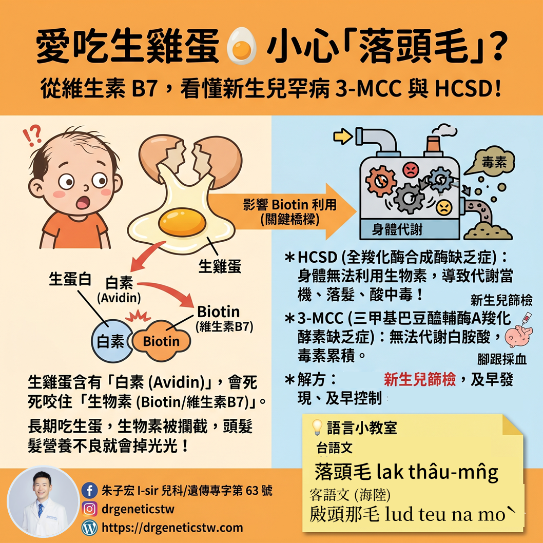愛吃生雞蛋會掉髮？從「維生素B7」揭開新生兒罕病「3-MCC」與「HCSD」的神秘面紗